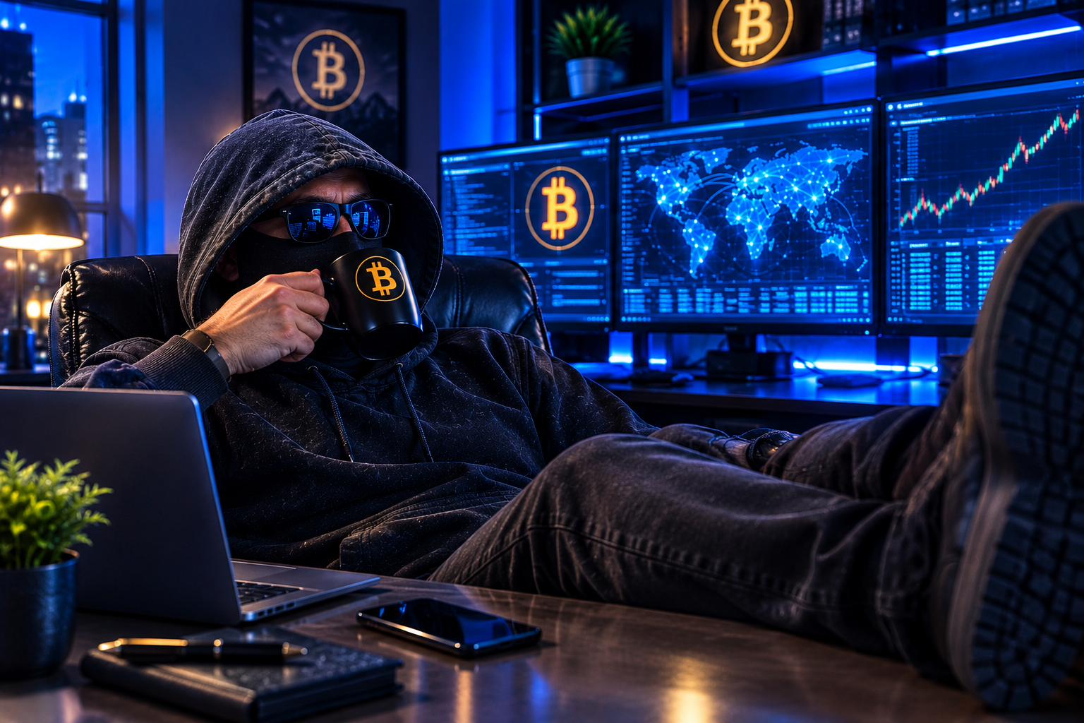 Illustrative hooded cybersecurity researcher working at a computer workstation